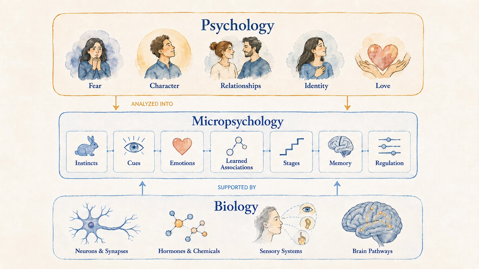 Watercolor diagram showing Psychology, Micropsychology, and Biology and the components connecting them